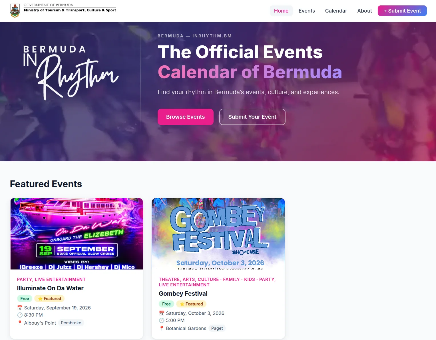 Bermuda InRhythm official events calendar homepage