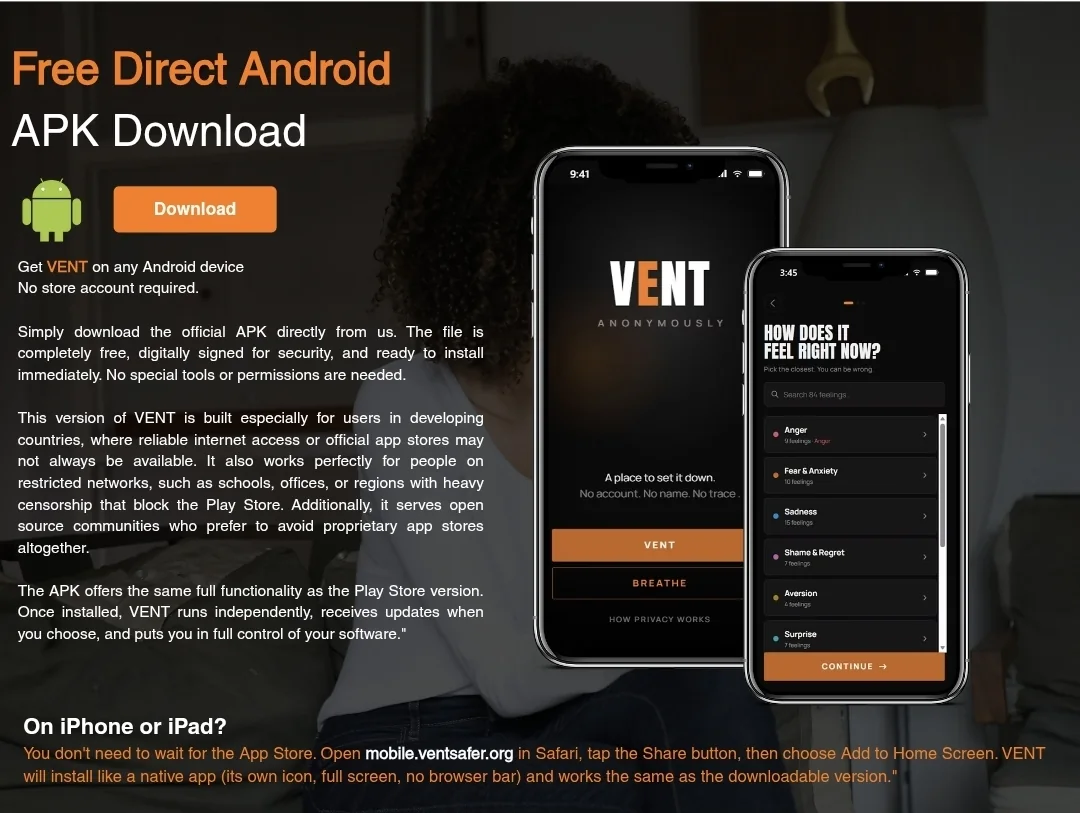 VentSafer anonymous support application shown on mobile devices